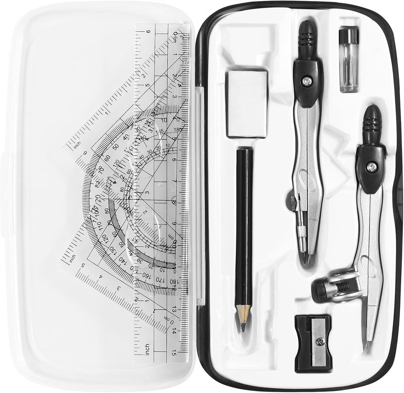 Vobou Math Geometry Kit Sets 10 Piece Student Supplies with Shatterproof Storage Box,Includes Rulers,Protractor,Compass,Eraser,Pencil Sharpener,Lead Refills,Pencil,for Drafting（Black） - Image 1